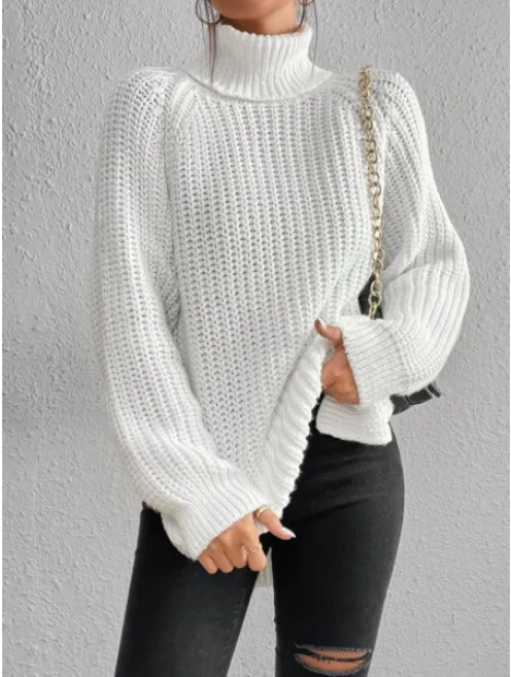 Cotton Turtleneck Raglan Sleeve Split Hem Sweater - Image 2