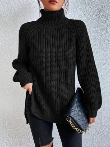 Cotton Turtleneck Raglan Sleeve Split Hem Sweater - Image 3