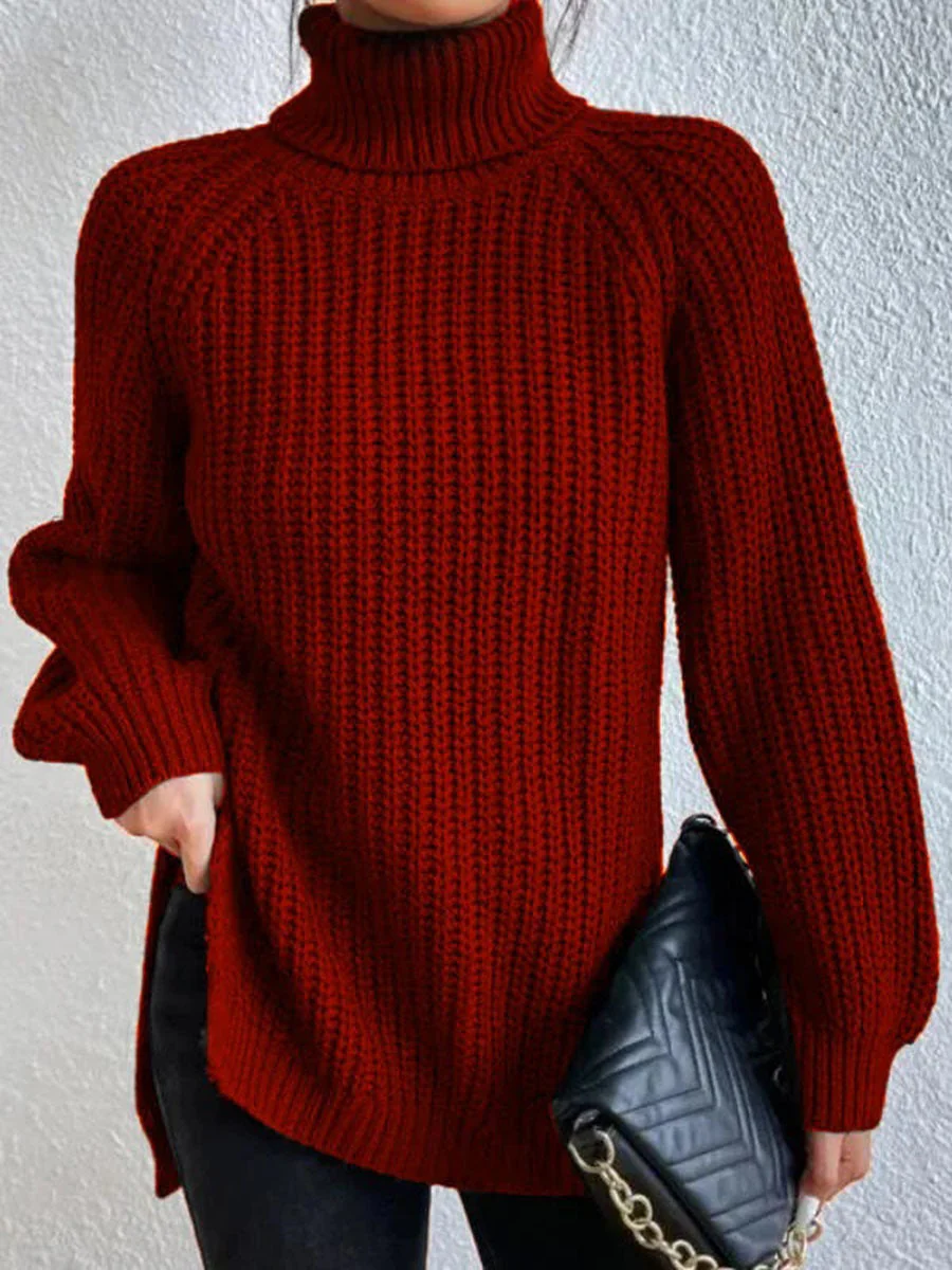 Cotton Turtleneck Raglan Sleeve Split Hem Sweater - Image 4
