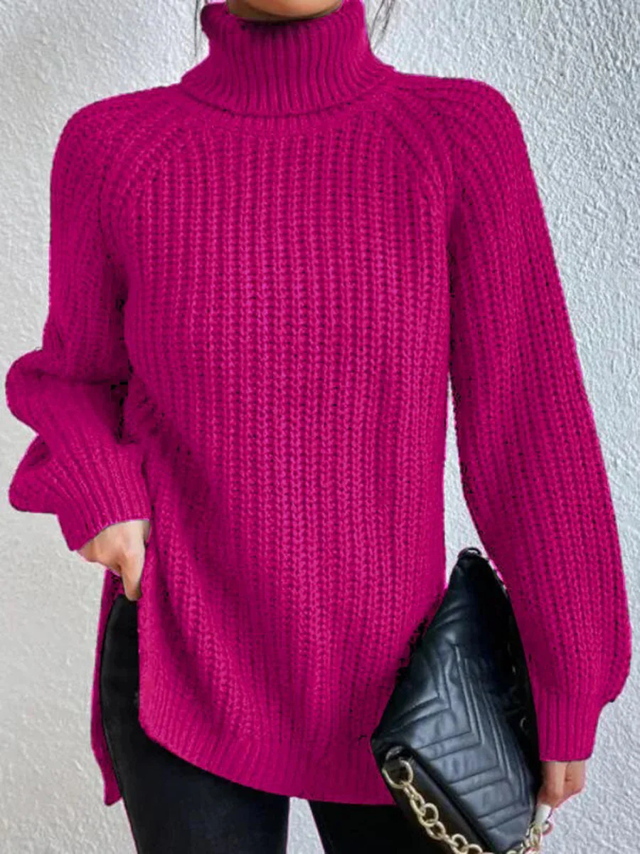 Cotton Turtleneck Raglan Sleeve Split Hem Sweater - Image 5