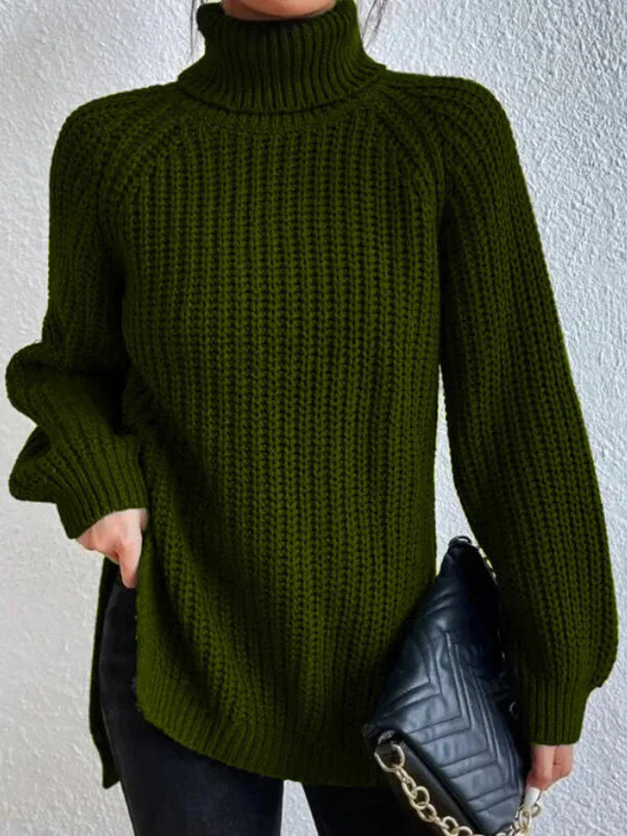 Cotton Turtleneck Raglan Sleeve Split Hem Sweater - Image 6