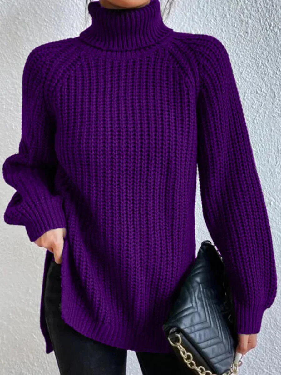 Cotton Turtleneck Raglan Sleeve Split Hem Sweater - Image 7
