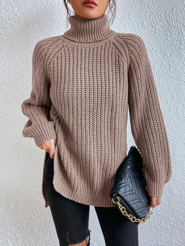 Cotton Turtleneck Raglan Sleeve Split Hem Sweater - Image 8