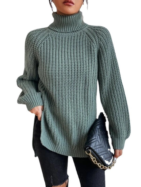 Cotton Turtleneck Raglan Sleeve Split Hem Sweater - Image 9