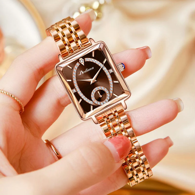 Fashion Square Ladies Rose Gold Diamond Watch - Image 3