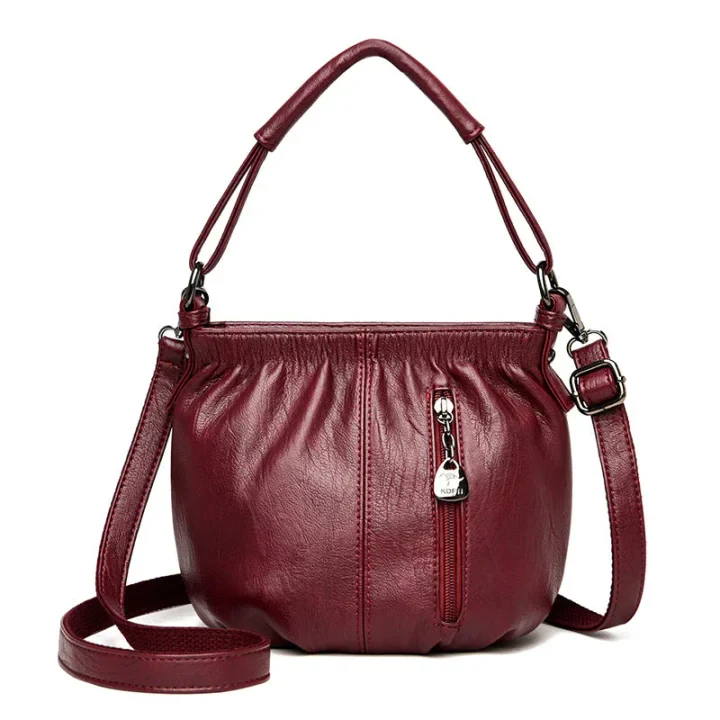 Fashion Simple Casual Pleated Bucket Soft Leather Handbag Shoulder Bag - Image 11