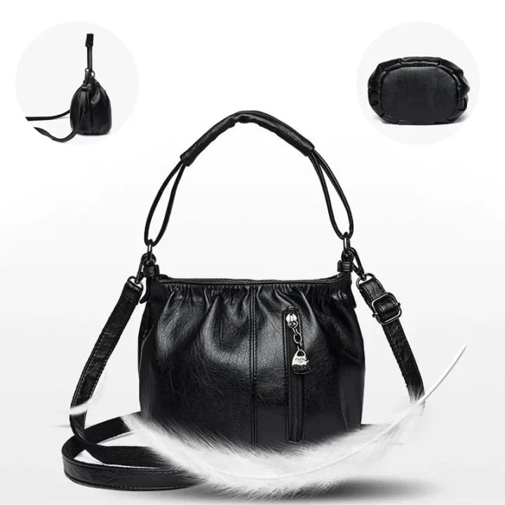 Fashion Simple Casual Pleated Bucket Soft Leather Handbag Shoulder Bag - Image 13