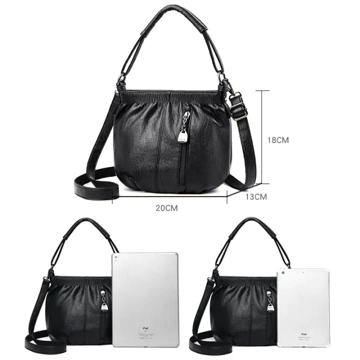 Fashion Simple Casual Pleated Bucket Soft Leather Handbag Shoulder Bag - Image 16