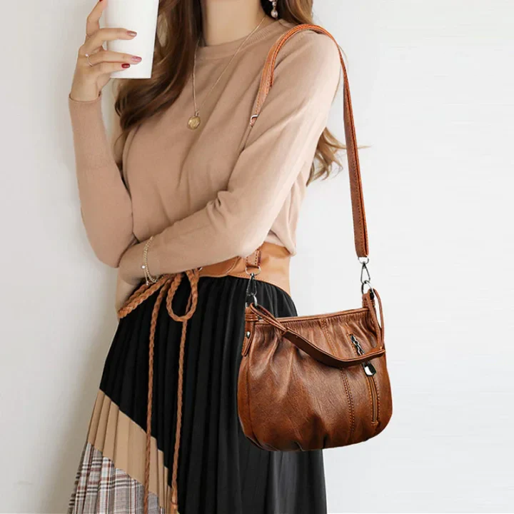 Fashion Simple Casual Pleated Bucket Soft Leather Handbag Shoulder Bag - Image 5