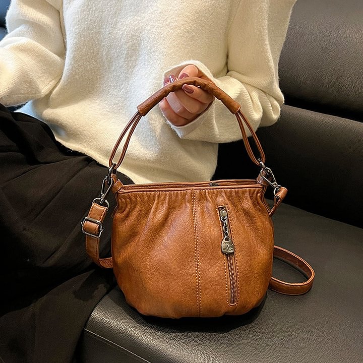 Fashion Simple Casual Pleated Bucket Soft Leather Handbag Shoulder Bag - Image 7