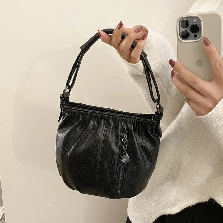 Fashion Simple Casual Pleated Bucket Soft Leather Handbag Shoulder Bag - Image 8