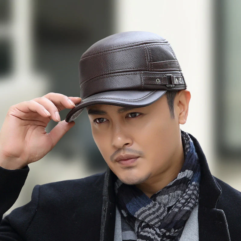 PU Leather Flat Top Warm Baseball Cap - Image 4