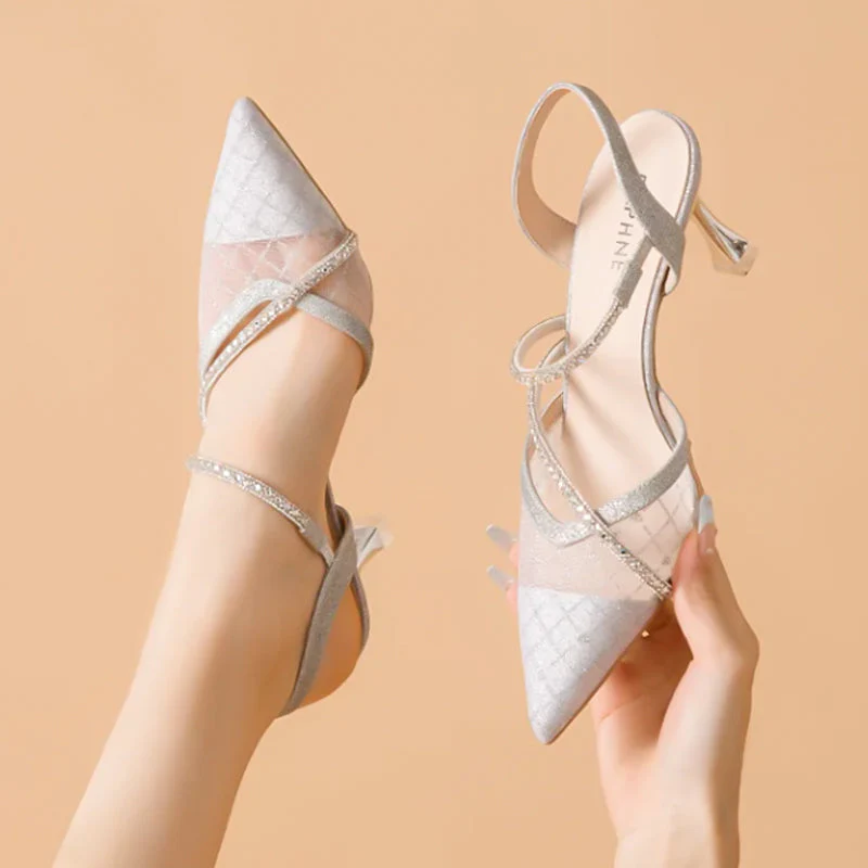 Pointed Toe Sexy Rhinestone Closed Toe High Heel Sandals - Image 6