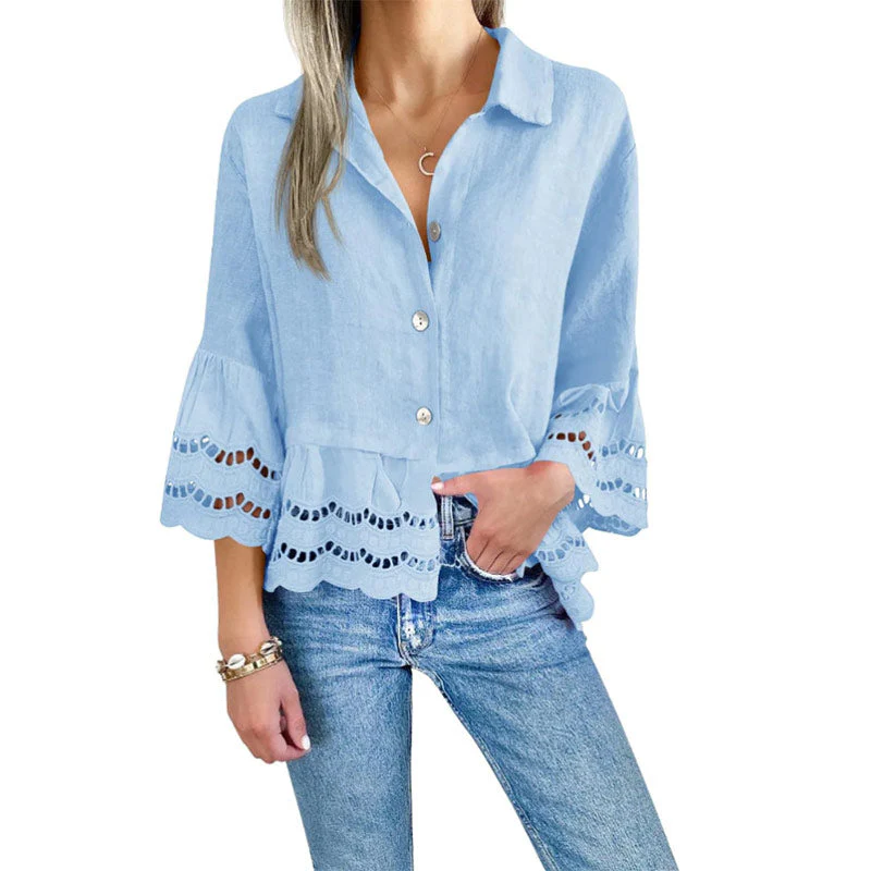 Solid Lapel Flared Sleeve Cutout Hem Blouse - Image 15