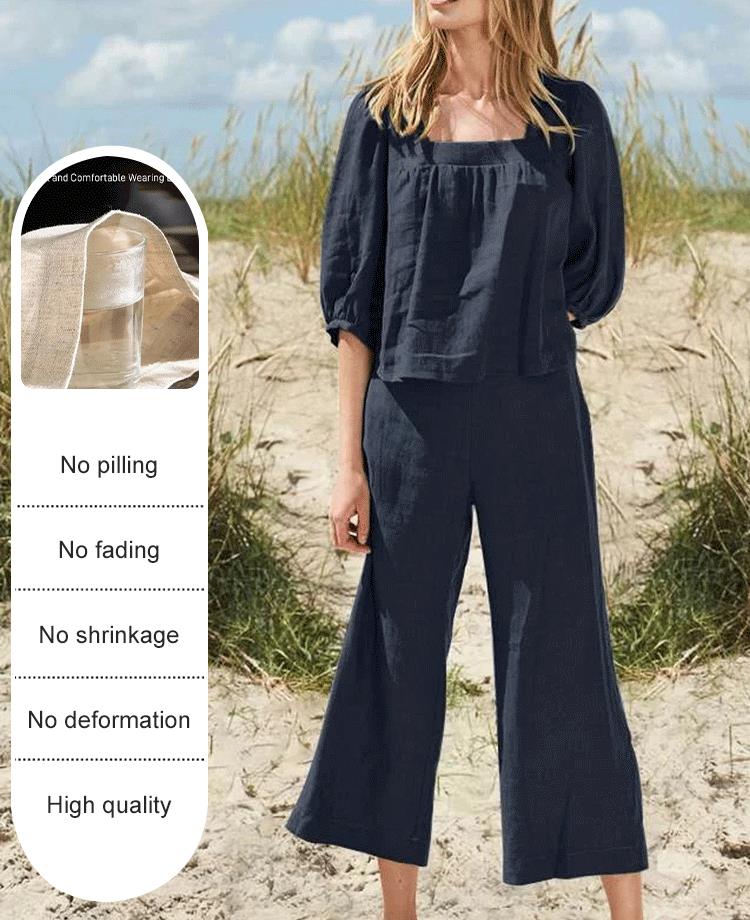 Square Collar Solid Color Cotton And Linen 2-piece Set - Image 2