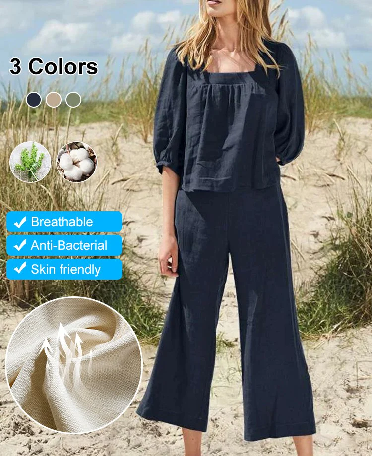 Square Collar Solid Color Cotton And Linen 2-piece Set - Image 3