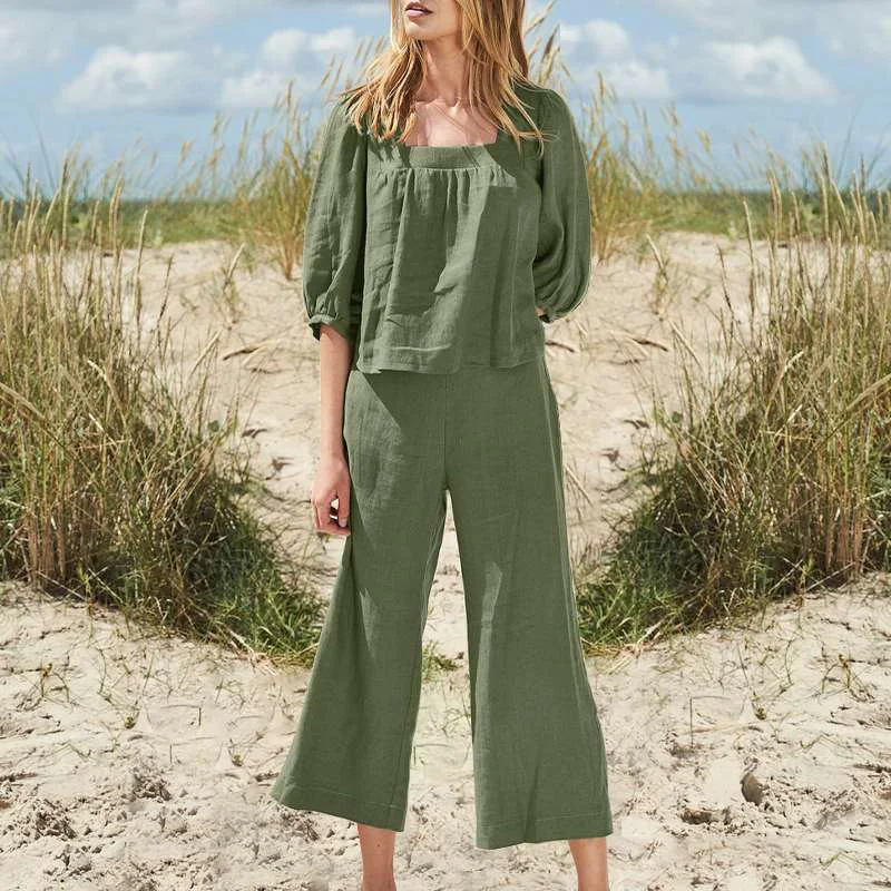 Square Collar Solid Color Cotton And Linen 2-piece Set - Image 6